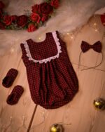 Jolly Red Plaid Christmas Romper with White Lace highlight - Image 2