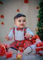 Premium Red Plaid Christmas Outfit with Suspenders and Bow Tie