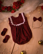 Jolly Red Plaid Christmas Romper with White Lace highlight