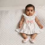 Serah premium satin white baptism dress set for baby girl with pink bow