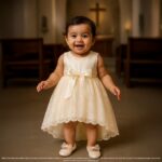 Smiling baby girl in an off-white custom christening gown with lace detailing and satin bow, standing inside a church.
