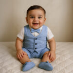 Happy baby boy in a powder blue waistcoat partywear set with bowtie, shirt, and matching booties, sitting on a quilted surface.