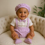 Smiling baby boy wearing a lavender party outfit with suspenders, matching cap, bowtie, and booties, seated on a tufted cream armchair.