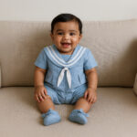 Cheerful Indian baby boy wearing a light blue cotton sailor romper with booties, sitting on a beige sofa in soft natural light.