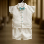 Boys satin baptism blessing outfit with aqua bow tie