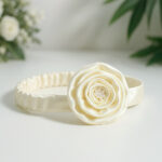 Off-white satin baptism headband with rose flower and pearl embellishments