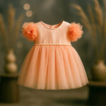 Aurelia Peach Bloom Party Dress for baby girls in peach satin and net with pearl embellishments