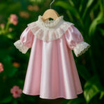 Celestia Blush Grace Party Dress in soft pink satin with vintage lace neckline and sleeves
