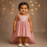 Baby girl wearing Seraphina Blush Muse Party Dress in blush satin and net with designer lace bodice