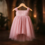 Seraphina Blush Muse Party Dress in blush pink satin and net with designer lace bodice
