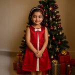 Little girl in a red Christmas satin dress with white bow and central panel