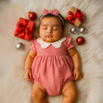 Baby girl sleeping in a red striped Christmas romper with matching headband