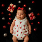 Baby girl in a white romper with red heart embroidery sleeping during a Christmas photoshoot