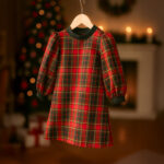 Baby girl Christmas tartan dress hanging – red green festive outfit