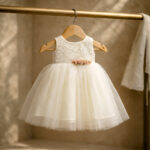 Luxury off white baby girl baptism dress with lace bodice and soft tulle skirt