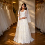 Girl wearing Rosaline pearl white Holy Communion gown with optional veil and candle.