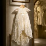 Long white lace baptism gown hanging in boutique with bow and floral lace