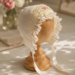 Pearl beaded baptism bonnet with lace frill and pink floral detail for baby girl