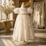 Premium white lace baptism dress with pearl neckline and puff sleeves on mannequin