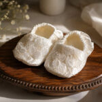 White floral lace baby booties with soft elastic back for baptism and christening