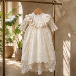 Front view of a luxury ivory baby girl baptism gown with floral lace, scalloped yoke and long sleeves.