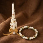Ivory and gold Holy Communion spiral candle with matching floral tiara for boys and girls
