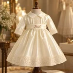Off-white Infant Jesus dress for baby boy with embroidered lace detailing, long sleeves and personalised name