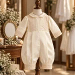 Off-white boys baptism romper with full sleeves, pintuck detailing and delicate lace for christening ceremony.