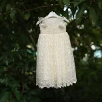 White baby girl christening dress with pearl embellished bodice, sheer neckline, floral lace detailing and embroidered skirt.